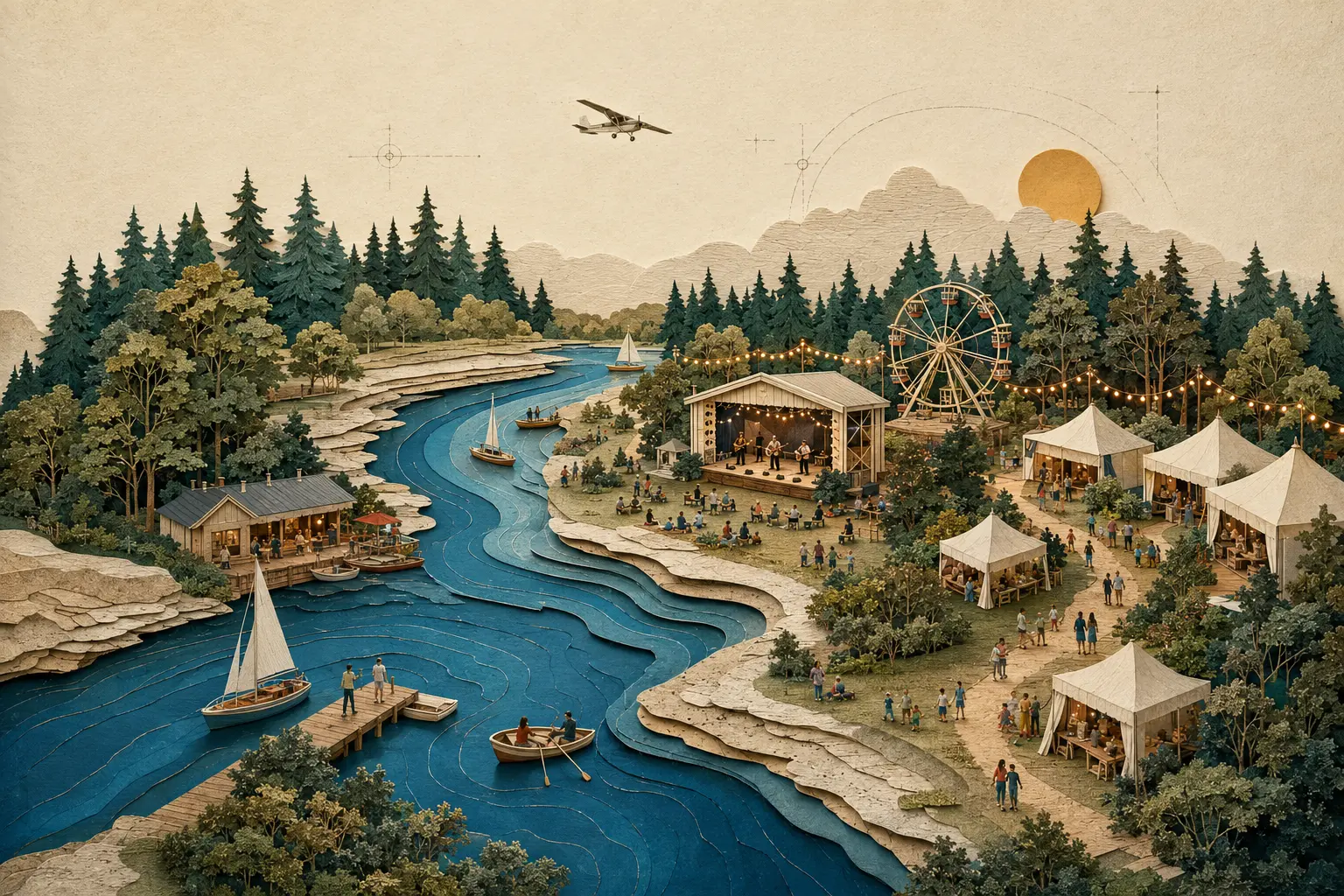 Conceptual cut-paper Wisconsin community weekend with waterfront music, makers, fair lights and small boats