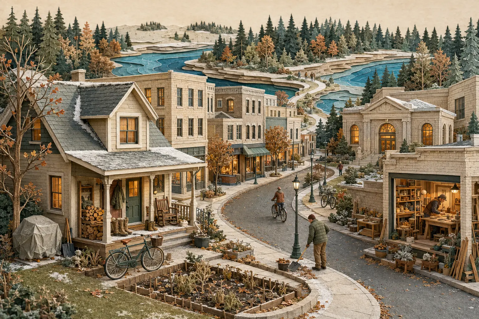 Conceptual cut-paper Wisconsin neighborhood connecting home, a workshop, civic life, forest and freshwater