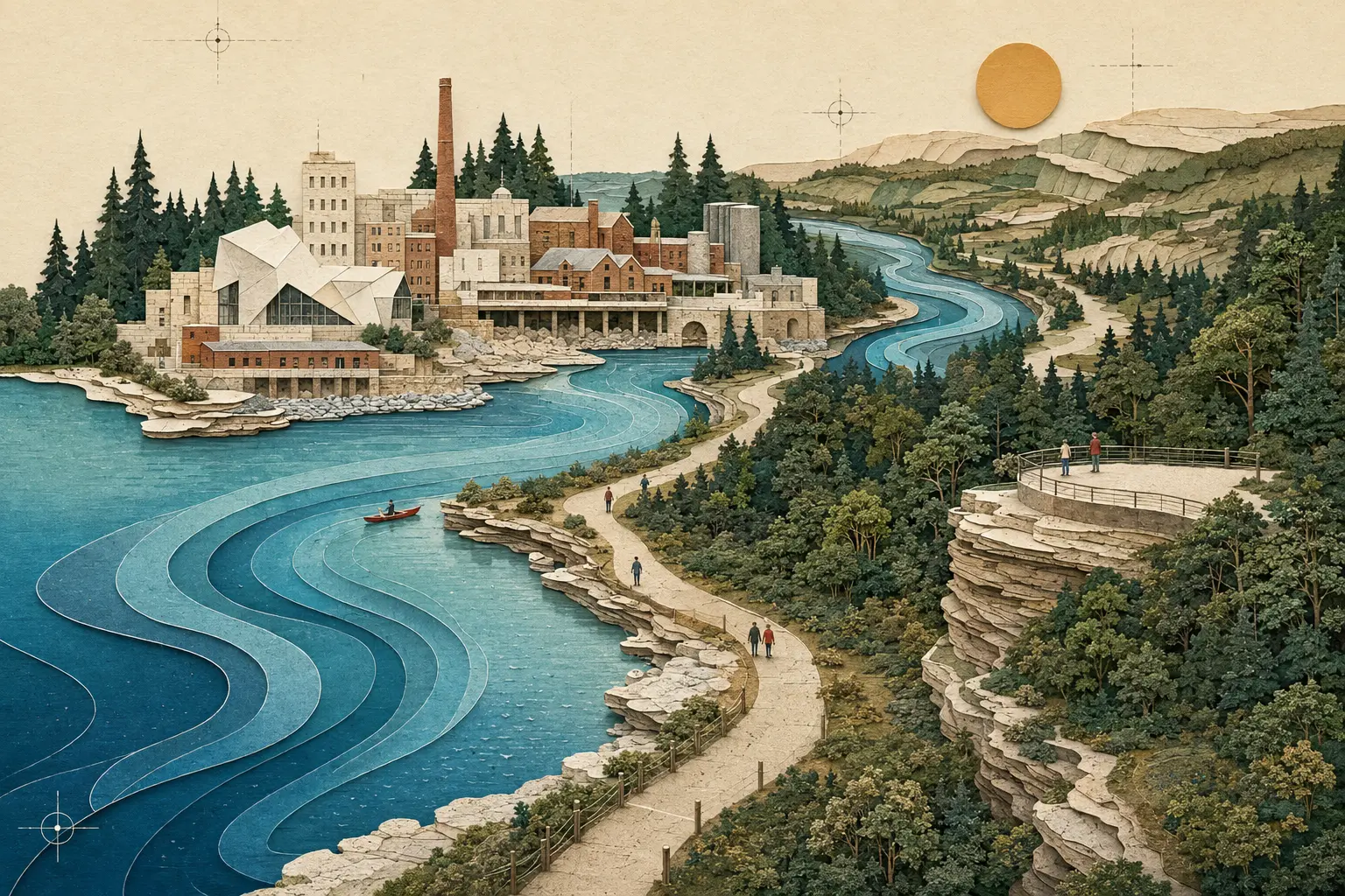 Conceptual Wisconsin shoreline, city and forest activity landscape