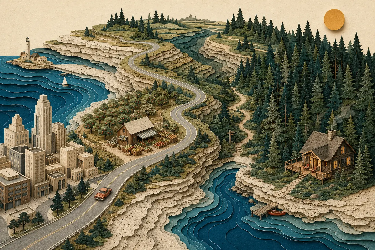 Conceptual cut-paper Wisconsin journey from a Great Lakes city through orchards, coulees and pine country