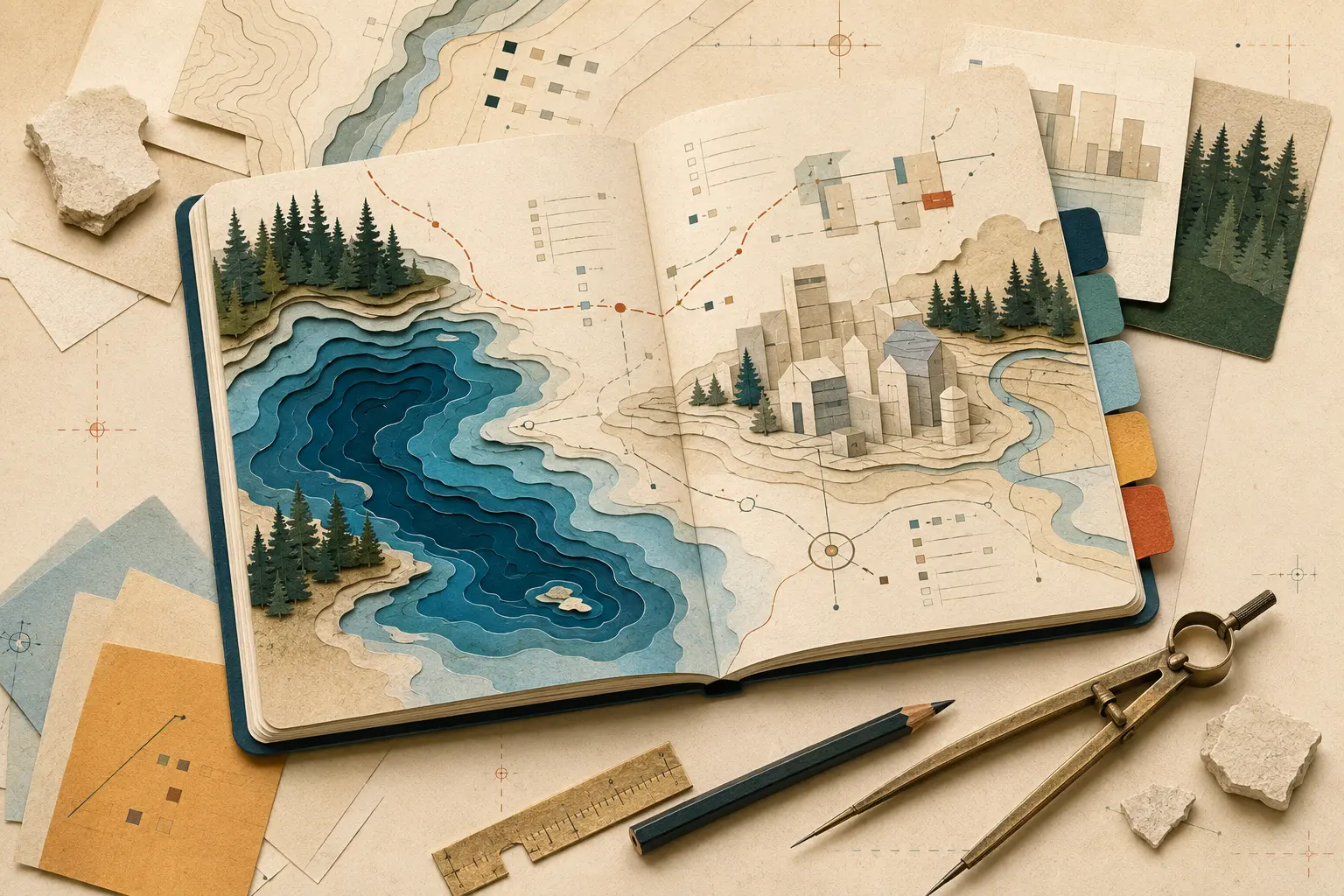 Conceptual open field ledger with layered lake contours, route marks, pine cutouts, limestone and drafting tools