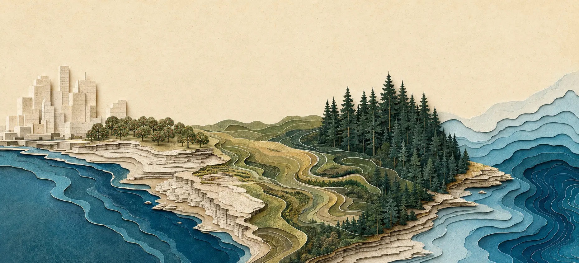 Conceptual cut-paper journey from a Great Lakes city through orchards, limestone, rolling Driftless terrain, pine forest and Lake Superior
