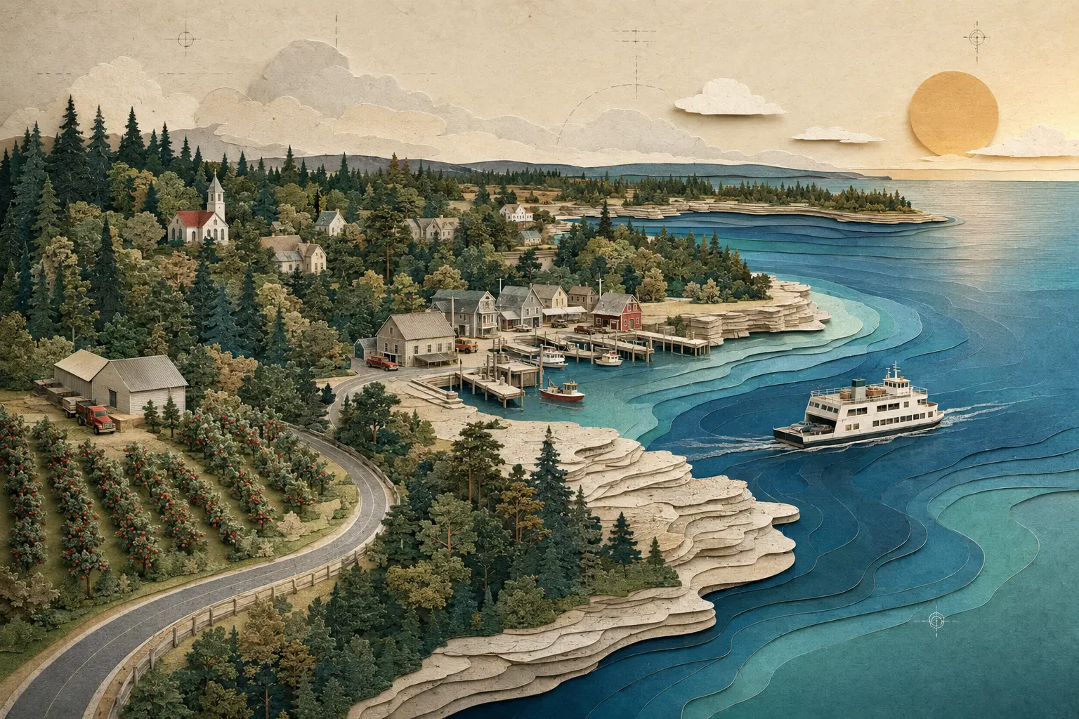Conceptual cut-paper Door County shoreline with orchards, limestone, a working harbor, small towns and a ferry