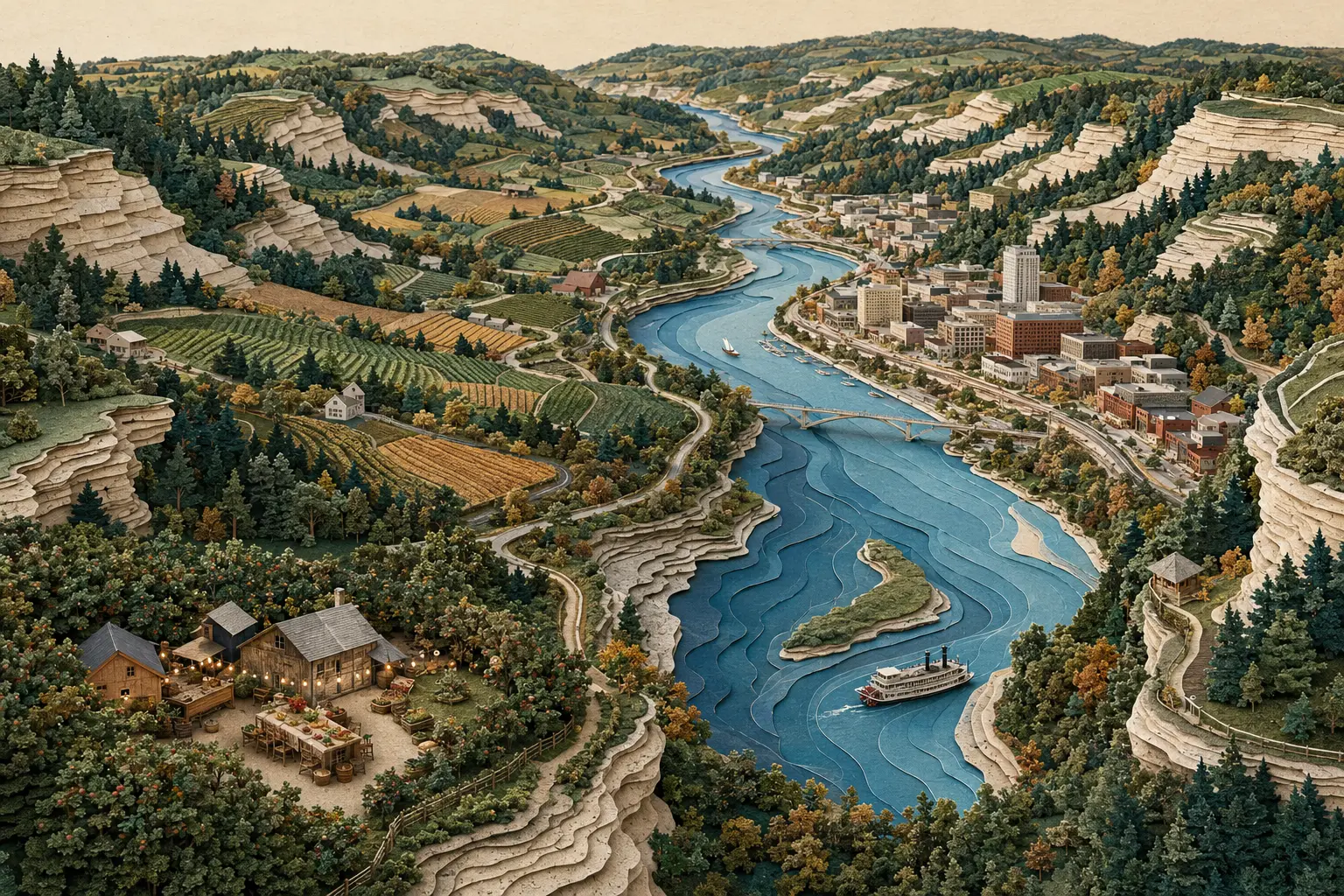 Conceptual cut-paper view of the Driftless coulees, Mississippi River, La Crosse, farms and winding bluff roads