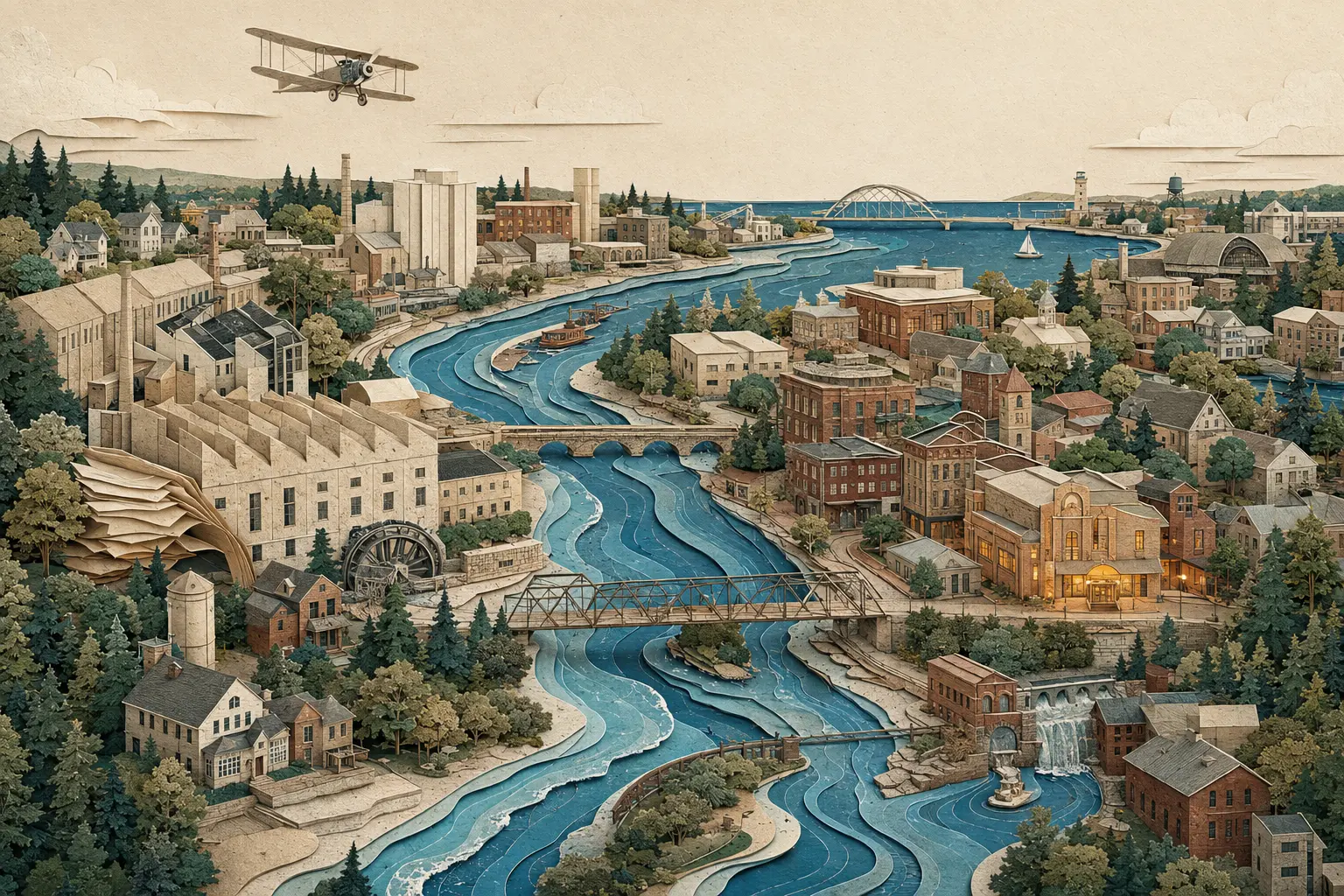 Conceptual cut-paper view of the Fox River linking working river towns, bridges, manufacturing and cultural life
