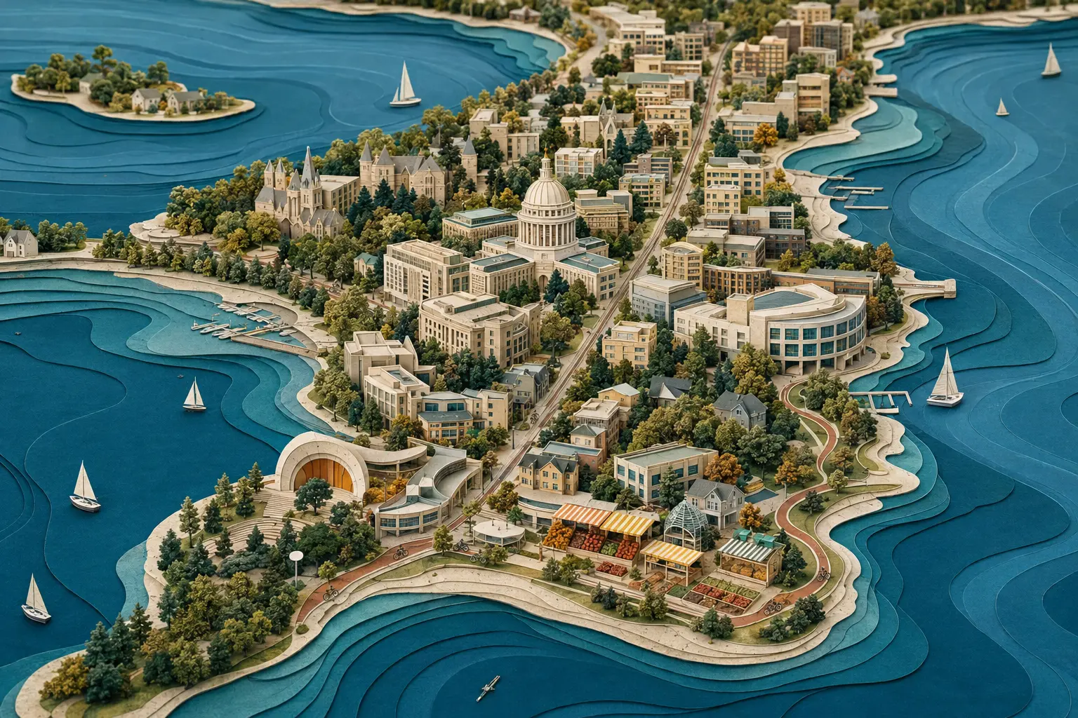 Conceptual cut-paper view of Madison's isthmus between layered lakes, civic architecture, bike paths and market stalls