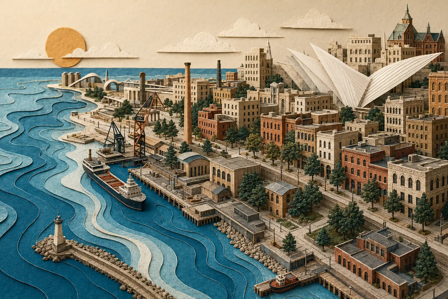 Conceptual cut-paper view of Milwaukee's Lake Michigan waterfront, working harbor, Cream City buildings and art forms