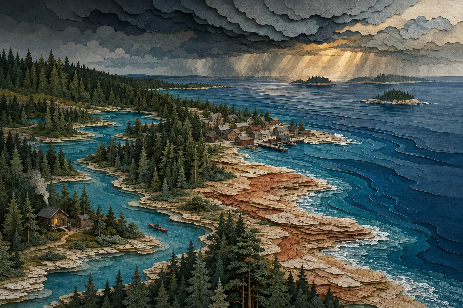 Conceptual cut-paper northern Wisconsin scene where inland pine lakes open into Lake Superior beneath changing weather